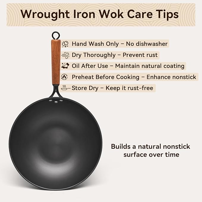 12.6" Iron Wok, Spin-Forged Refined Iron Stir Fry Pan with Wooden Handle, Flat Bottom Wok Pan with Reinforced Rim, Lightweight Woks & Stir-Fry Pans for Everyday Cooking