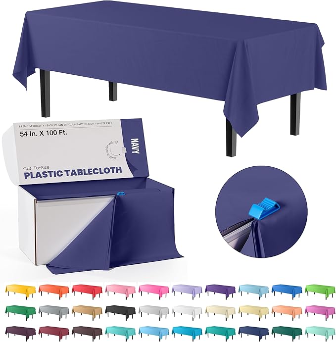 Party Solids 54 Inch X 100 Feet Navy Plastic Table Cover Roll in A Cut - to - Size Box with Convenient Slide Cutter. Cuts Up to 12 Rectangle 8 Feet Plastic Disposable Tablecloths