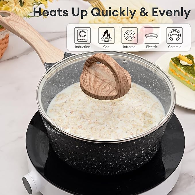 JEETEE Sauce Pan with Lid, Non Stick Small Pot with Coating, Masterclass Cookware Sauce Pot for Cooking, PFOA/PFOS Free Gray 2.0 QT