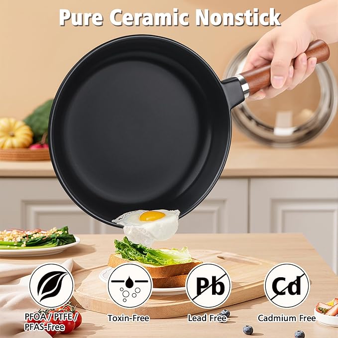 10-inch Pure Ceramic Frying Pan Skillet - Non-Toxic, PFOA/PFAS/PTFE Free, No Chemical Coating - Healthy Cooking - Solid Wood Handle (Black)