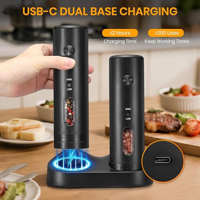 Rechargeable Salt Grinder Set Top-Refill Electric Grinders with Variable Grinding Speed, External Adjustable Coarseness, Black