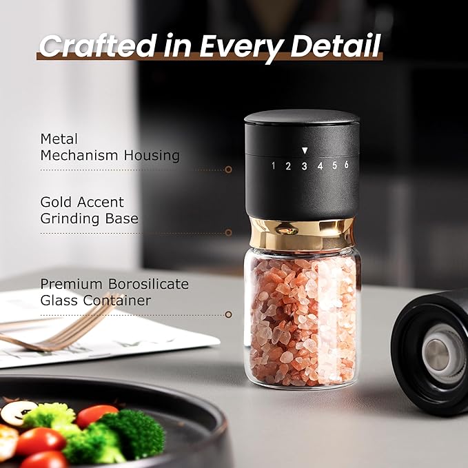 Gold Salt and Pepper Grinder Set with External Adjustable Coarseness Stainless Steel Sea Salt & Pepper Mill Set Ceramic Core Spice Grinder Refillable Glass Black and Gold Shaker Kitchen Accessories