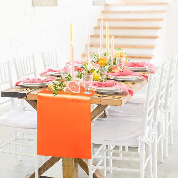 Yblut 10 Pack Satin Table Runner 12 x 108 Inch Long Orange Silk Table Runner for Wedding Party Banquet Birthday Decoration