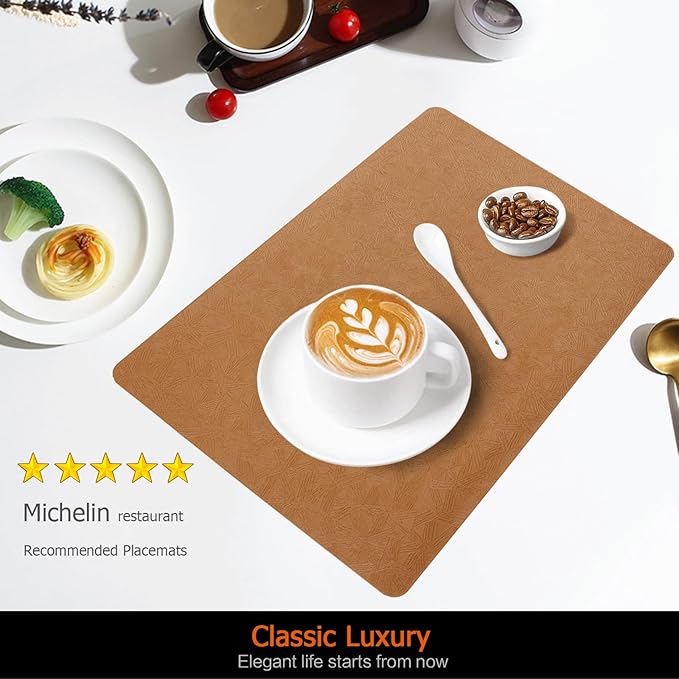 Uolr Vinyl Placemats Set of 4 Faux Leather 100% Waterproof Wipeable Washable Place Mats Heat Resistant Easy Clean Non-Slip Table Mats for Indoor Outdoor. (4, Brown)