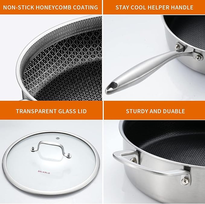 DELARLO Frying Pan,12 inch Tri-Ply Stainless Steel Skillet,6 Quart Saute Pan with lid, Compatible with All Cooktops,Oven Up to 660??Chicken Fryer,Dishwasher-Friendly