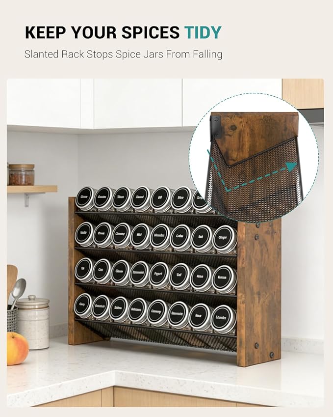 NESAPTO Spice Rack Organizer for Cabinet, Wooden 4 Tier Vertical Seasoning Organizers for Kitchen Pantry, Countertop/Wall Mount, Holds 32 Spice Jars (No Jars Included), 15.7" W 횞 9.4" H