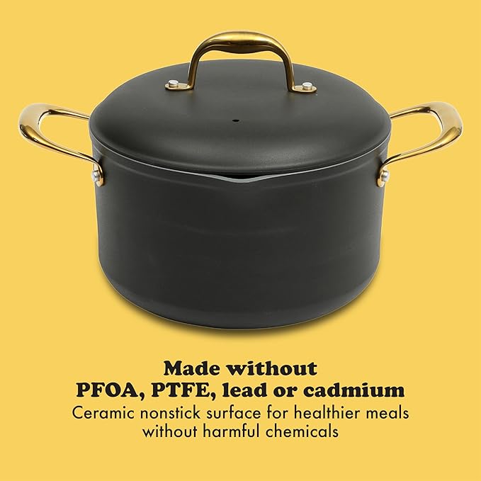 Frok 10 Piece Pots and Pans 4MM Thick Quick Heat Aluminum Cookware Set w/Premium PFA Free Ceramic Nonstick Interior Heat Resistant Exterior - Induction - Black & Gold