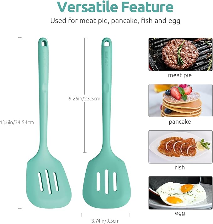 13.6" Slotted Silicone Turner: U-Taste 600쨘F Heat Resistant Kitchen Spatula Flipper, Food Grade Flexible Wide Seamless Rubber Cooking Utensil for Egg, Omelette, Burger in Nonstick Cookware (Aqua Sky)