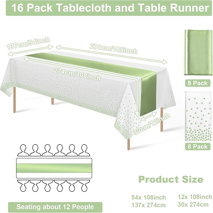 16Pack Plastic Tablecloths and Satin Table Runner Set Disposable White and Sage Green Dot Table Cloth Green Satin Table Runner for Wedding Birthday Baby Shower Anniversary Holiday Party Decorations