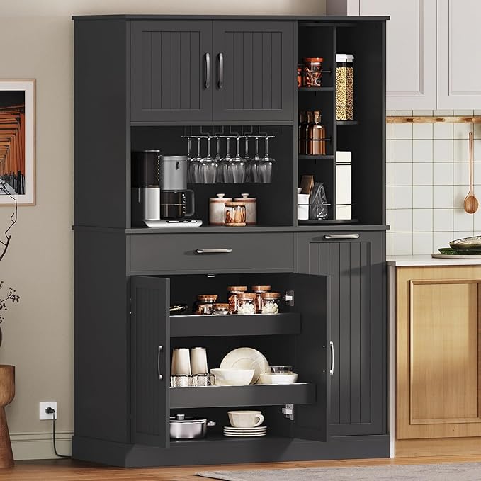 Pantry Cabinet, 67.7" Tall Kitchen Pantry Storage Cabinet with 360째 Rotating Shelf & 2 Pull-Out Racks, Freestanding Kitchen Hutch with Charging Station & Drawer, for Dining Room, Black