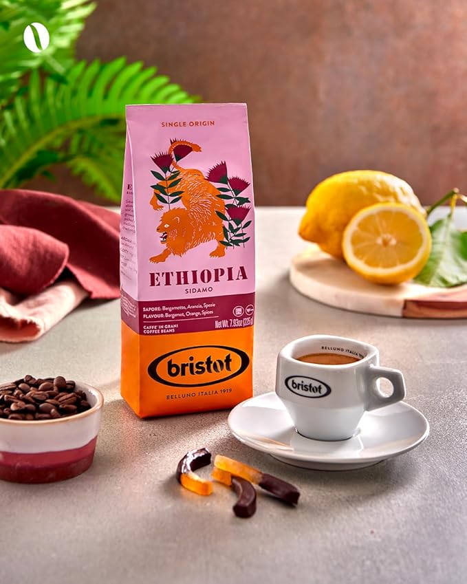 Bristot Single Origin Ethiopia Sidamo ??Italian Espresso Beans ??100% Arabica ??Medium Roast ??Notes of Bergamot, Orange & Spices ??7.93 oz ??225 g