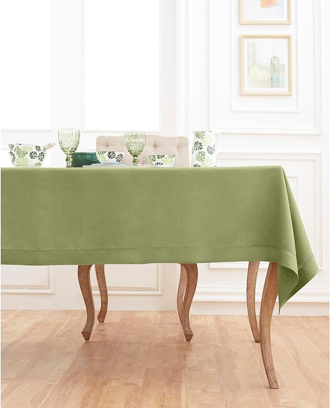 Solino Home Linen Tablecloth 60 x 132 Inch - Classic Hemstitch 100% Pure Linen Moss Green Table Cloth for Rectangle Tables - Machine Washable Tablecloth for Winter, Spring, Easter, St Patricks Day