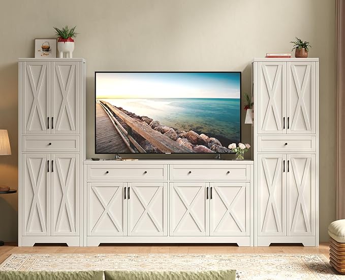 Lyromix 3 Pieces Sideboard and Pantry Set with Storage, White Farmhouse Wall Unit Entertainment Center, Large Kitchen Sideboard Buffet Pantry Cabinet with Drawers