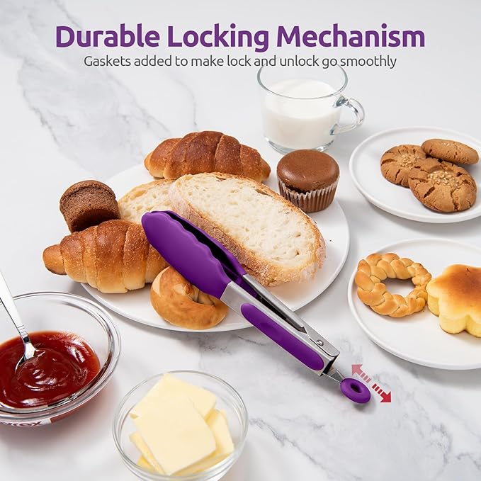 600쨘F Heat Resistant Kitchen Tong: U-Taste 7 inch Silicone Cooking Tong with Firm Sealed Non Stick Rubber Tips & Silicon Coated 18/8 Stainless Steel Handle & Smooth Locking for Serving Salad (Purple)