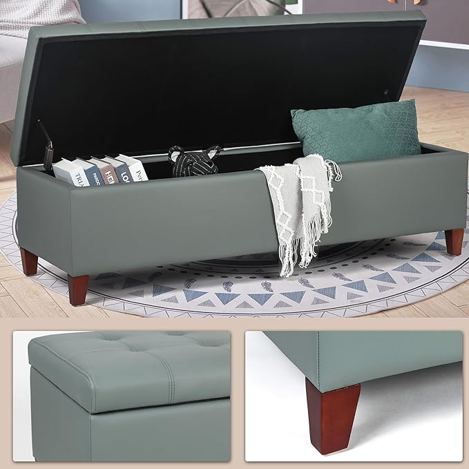 Joveco 51 Inch Storage Ottoman Bench,Tufted Leather Storage Bench for Bedroom (51??Gray Green)