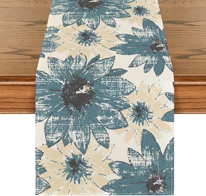 Artoid Mode Blue Retro Daisy Spring Table Runner, Seasonal Vintage Kitchen Dining Table Decoration for Home Party Decor 13x108 Inch