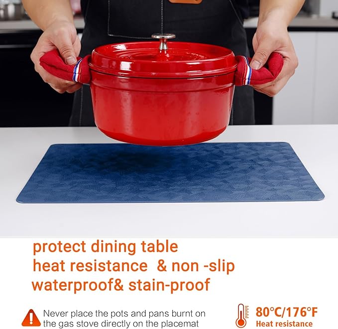 Bxzandya Vinyl Placemats Set of 6 Heat Resistant Easy Clean Non-Slip Place Mats for Dining Table Faux Leather Waterproof Stain Resistant Wipeable Washable PVC Table Mats(6, Blue)