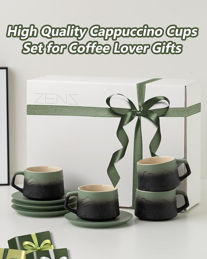 ZENS 8 Ounce Cappuccino Cups Set of 4, Embossed Artistic Cappuccino Mug with Saucers for Latte Art, Ceramic Coffee Cups for Au Lait Cafe or Matcha Tea Cup Gifts, Moss Green & Black