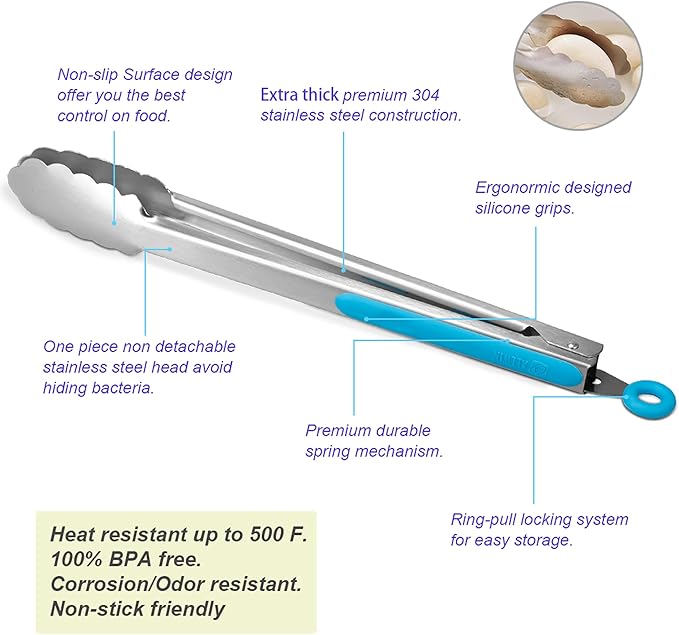 304 Stainless Steel Kitchen Cooking Tongs, 9" and 12" Set of 2 Sturdy Grilling Barbeque Brushed Locking Food Tongs with Ergonomic Grip, Blue