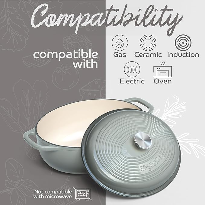 Segretto Cookware Enameled Oval Cast Iron Dutch Oven with Handle 7-Quarts Grigio Scuro (Gray) 7 qt Oven Safe Dutch Oven Pot With Lid Enamel cast Iron Pot Cookware for Bread Baking
