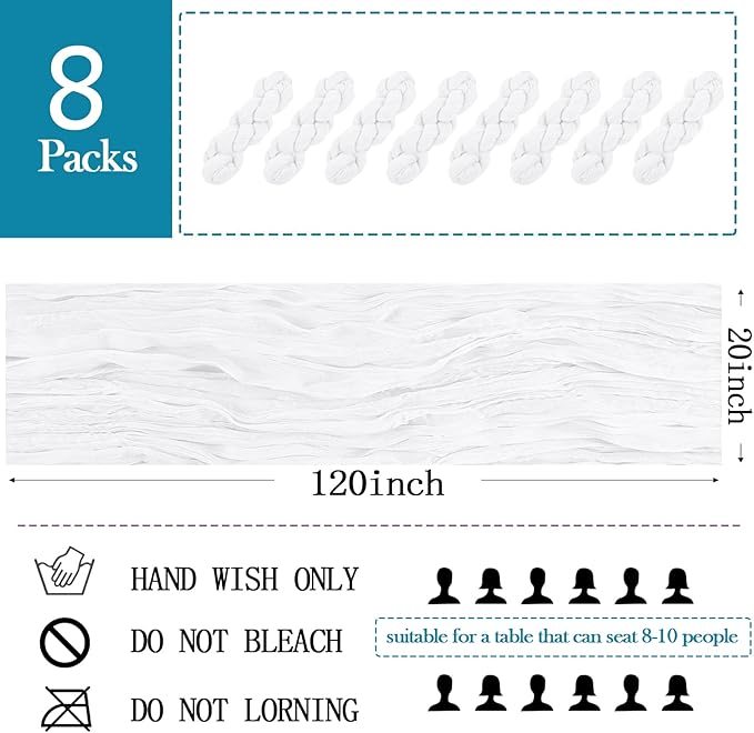 8 Pack White Cheesecloth Table Runner 20 x 120 inch Gauze Table Runners 10 FT Long,Semi Sheer Boho Cheese Cloth Fabric Table Runner Bulk for Wedding,Party,Baby Shower,Bridal Shower Decoration