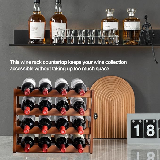 Wine Rack Countertop, 16 Bottle Wine Racks for Wine Bottles Storage Display, 4 Tier Wooden Wine Rack Free Standing Floor Wine Racks Countertop Wine Holder Bottle Rack Wine Storage Cabinet Shelf