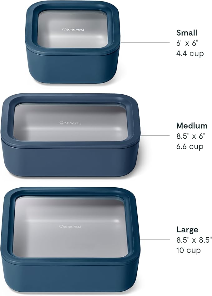 Caraway 3pc Glass Food Storage Set ??10 Cup, 6.6 Cup, & 4.4 Cup Food Containers - Ceramic Coated - Non Toxic Non Stick Lunch Box with Glass Lids - Dishwasher, Oven, & Microwave Safe - Navy