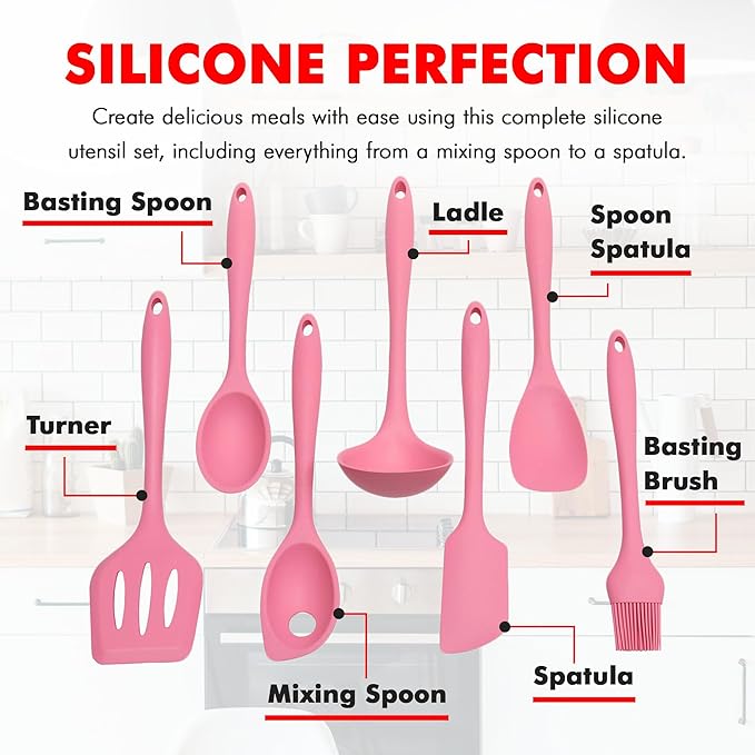 Chef Craft - Premium Silicone Kitchen Tools and Utensils Set, Non-Scratch, Withstands Temperatures up to 450째F, BPA-Free, 7 Piece Cooking Utensils Set, Pink