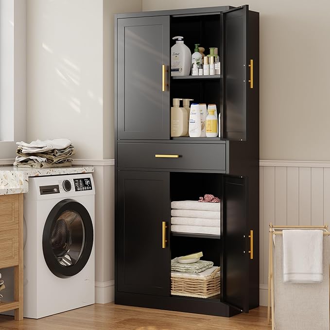 CJF 71" H Metal Kitchen Pantry Storage Cabinet, Freestanding Cupboard with Adjustable Shelves and 1 Drawer, Standing Storage for Kitchen, Bathroom, Garage, Dinning Room or Utility Room（Black）