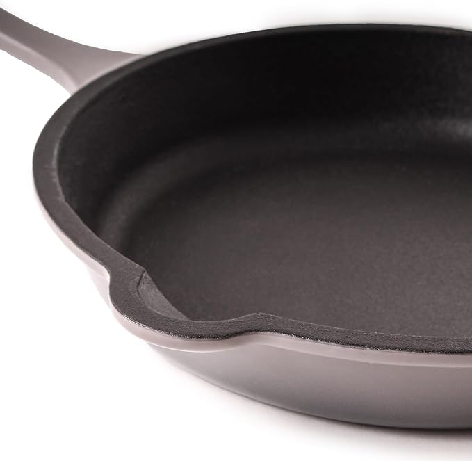 BergHOFF Neo 3Pc Enameled Cast Iron Cookware Set, Fry Pan 10 inches, Grill Pan 11 inches, Slotted Steak Press, Fast, Evenly Heat, Oven safe (Oyster)