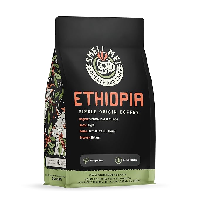 Bones Coffee Company Ethiopia Single-Origin, Citrus, Floral and Berries Notes, Whole Coffee Beans, Low Acid Medium Roast Arabica Beans Flavored Coffee, 12 oz Whole Bean