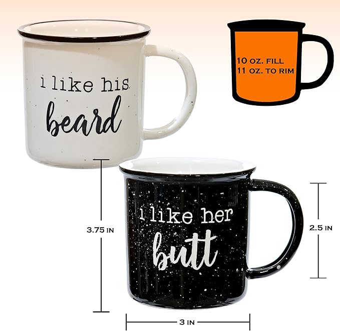 MAINEVENT I Like His Beard I Like Her Butt Coffee Mug Set of 2 11 Ounce, His Her Mug, Couple Wedding Gift