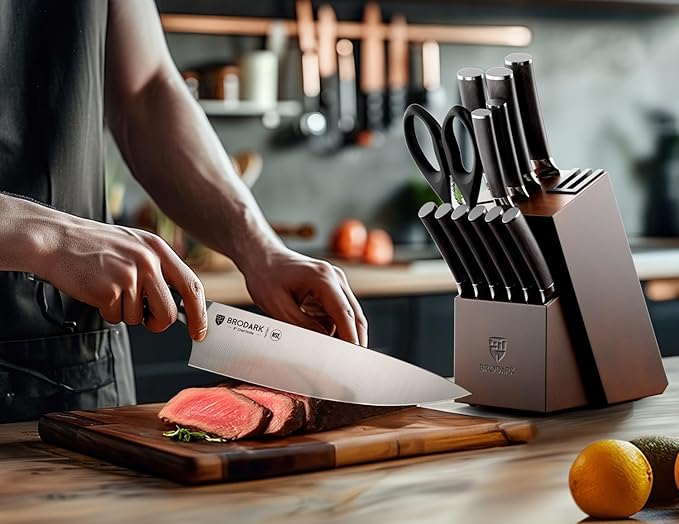 BRODARK Kitchen Knife Set, Ultra Sharp 15 Pcs Knife Set with Block, Full Tang Chef Knives, High Carbon Stainless Steel Knife Block Set with Sharpener, Wooden Handle, Christmas Gifts