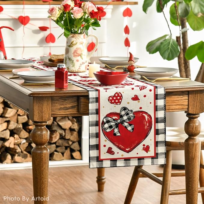 Artoid Mode Buffalo Plaid Red Heart Bow Tie Valentine's Table Runner, Seasonal Kitchen Dining Table Decoration for Home Party Decor 13x48 Inch
