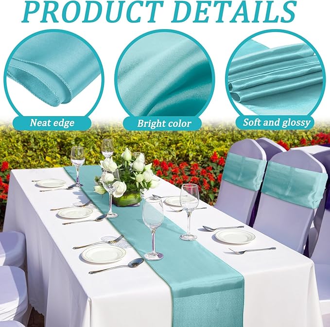 Bencailor 24 Pcs Light Blue Satin Table Runner Bulk 12 x 108 Inches Long Table Runners Bright Smooth Fabric Tablecloth for Wedding Banquet Birthday Valentines St Patrick's Day Party Decorations