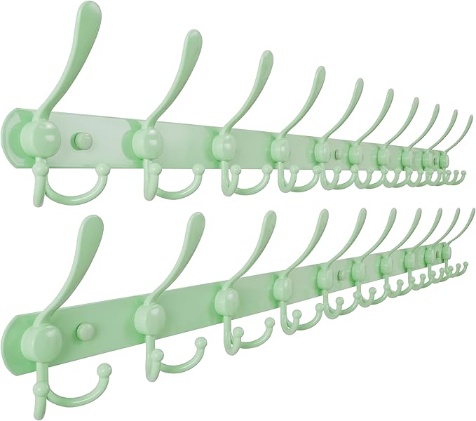 Dseap Coat Rack Wall Mount - 38??Long 10-Tri-Hooks Heavy Duty Coat Hanger Rail Wall Hooks for Hanging Coats Hats Clothing Clothes Purse Mudroom Entryway, Green, Pack of 2