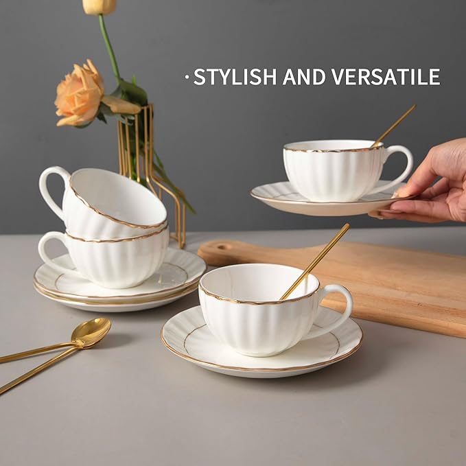 Bone China Tea Cups and Saucers Set (6 oz, Set of 4) ??White Luxury Fine Porcelain Mugs for Tea, Coffee, Latte Art, Barista Use, Elegant Gifting