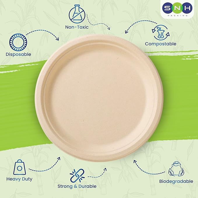 SNH Packing 100% Compostable Plates 9 Inch [125-Pack], Heavy Duty Dinner Paper Plates, Eco-Friendly Biodegradable Sugarcane Bagasse, Natural Brown Disposable Plates for Dessert, Party, BBQ & Picnic