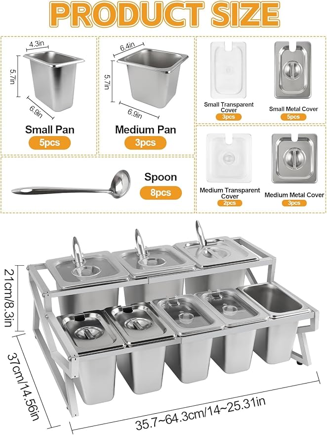 Lanstics Pizza Topping Station 8 Pans Pizza Storage Container Topping containers with Lids Spoon Condiment Organizers Buffet Containers Set for Restaurant Pizza Sauce Jam Fruit Ingredient