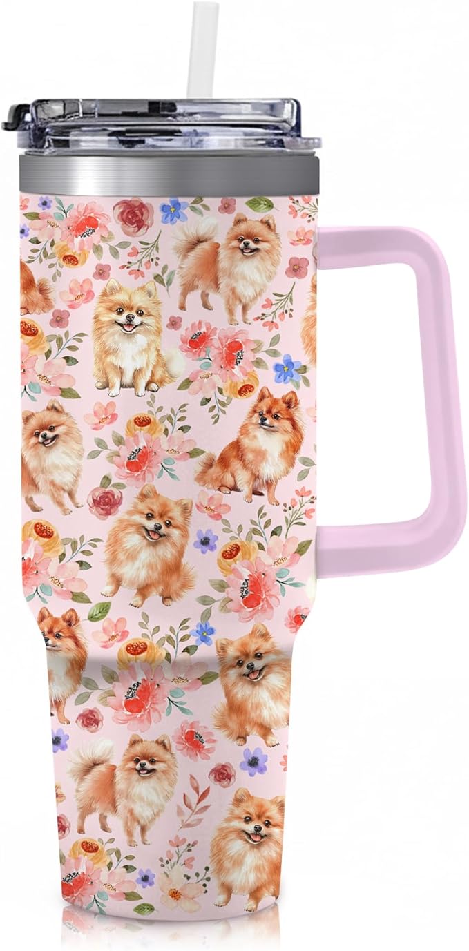 Yogusut Pomeranian Gifts for Women, 40oz Stainless Steel Insulated Tumbler Travel Mug Cup with Handle Straw, Gifts for Dog Mom Dog Lover