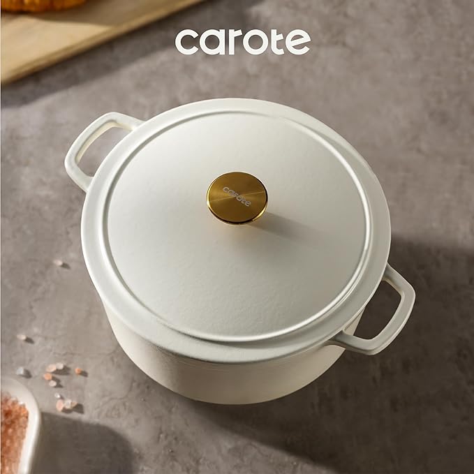 CAROTE 5QT Enameled Cast Iron Dutch Oven Pot with Lid, Heavy-Duty Dutch Oven for Sourdough Bread Baking, Braising, Stews, Roasting, Healthy & Non-Toxic, Dual Handles, All Stovetop Compatible, Oven Safe up to 500째 F, Cream White