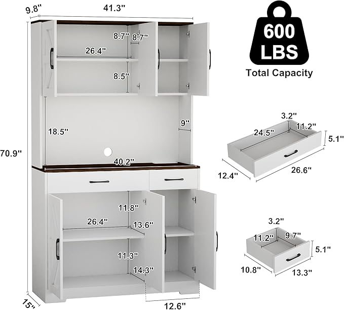 71" Pantry Cabinet with Charging Station, Kitchen Storage Cabinet with Microwave Stand, 8-Zone Organization, 2 Smooth-Glide Drawers, Open Countertop for Dining, Kitchen, Living Room (White)