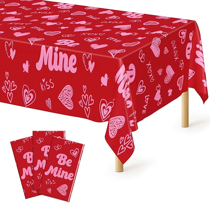 3 Pcs Valentines Decorations, 108" X 54" Plastic Valentines Tablecloth, Disposable Love Tablecloth, Pink Table Cloth Rectangle Galentines Party Favors, Heart Table Cover for Galentine Wedding Party