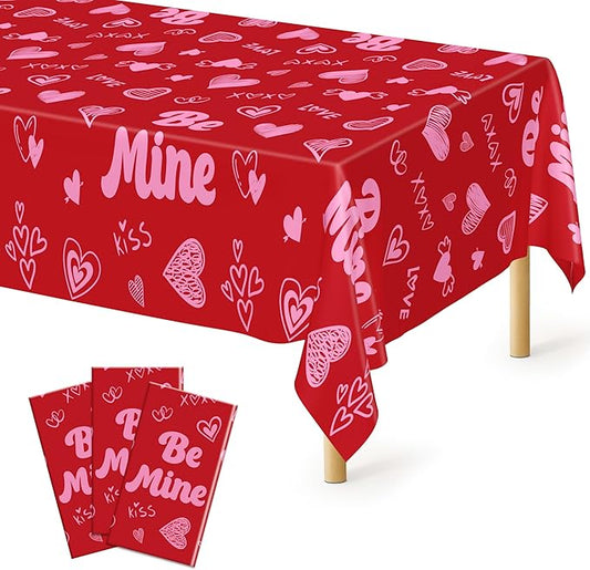 3 Pcs Valentines Decorations, 108" X 54" Plastic Valentines Tablecloth, Disposable Love Tablecloth, Pink Table Cloth Rectangle Galentines Party Favors, Heart Table Cover for Galentine Wedding Party