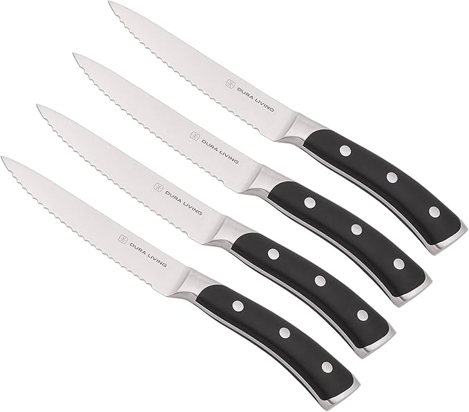 DURA LIVING 4-Piece Serrated Kitchen Steak Knife Set ??Forged High Carbon Stainless Steel, Ultra Sharp, Ergonomic Black Handles, Durable Dinner Knives, Black Handle