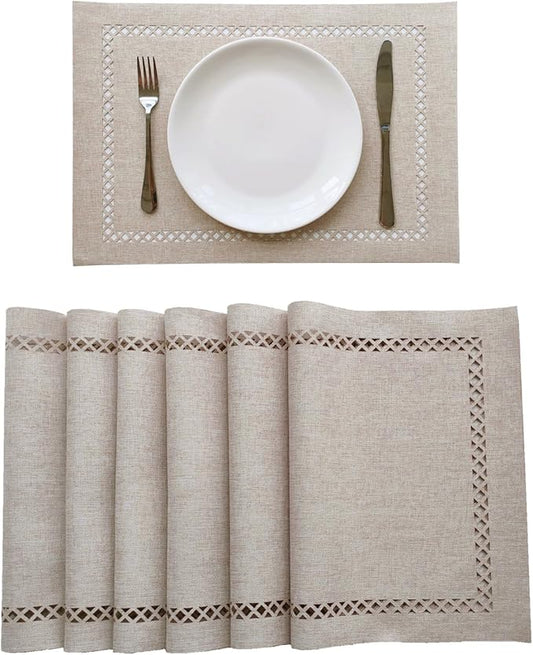 Placemats Set of 6 for Dining Table with Hollow Edge Design- Table Mats 12x 18 Inch, Cloth Place mats Machine Washable (Beige 6pcs)