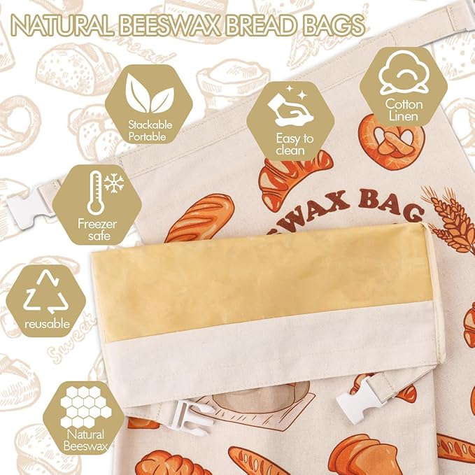 2 Pack Reusable Bread Bags for Homemade Breads,Linen Beeswax Bag for Food, Sourdough Bread Baking Supplies, Sourdough Beeswax Wrap for Fresh Storage, Storage Bags