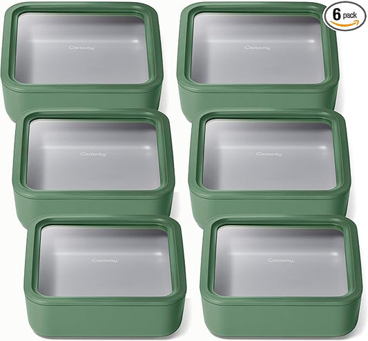 Caraway 6pc Glass Food Storage Set ??10 Cup Food Containers (6) - Ceramic Coated - Non Toxic, Non Stick with Lids - Microwave Safe - Sage