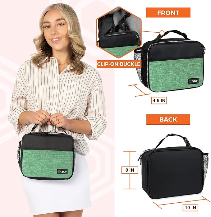 opux Insulated Lunch Bag Kids, Lunch Box for School Boy Girl, Leakproof Small Reusable Compact Soft Mini Cooler Bag, Toddler Small Lunch Boxes Kit Pail with Front Side Pockets (Green)