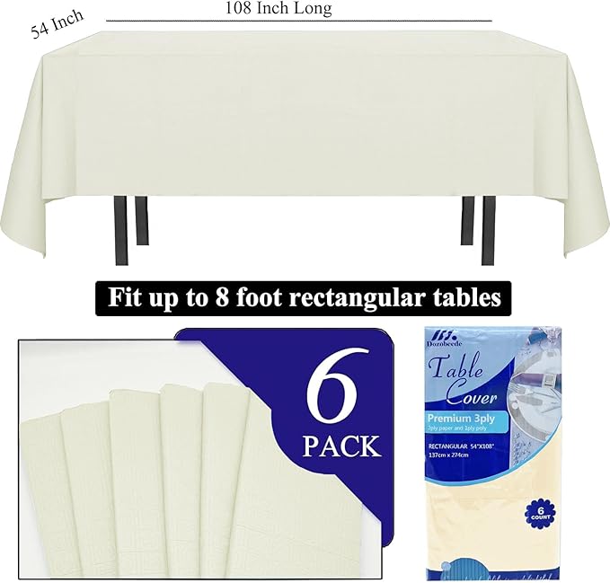 [6 Pack] Cream White Paper Tablecloth Disposable for Rectangle Tables, 54 X 108 Inch Party Table Cover with Plastic Backing, Waterproof 3 Ply Table Cloth for Wedding Buffet Indoor Outdoor